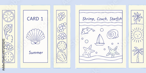A series of illustrated cards featuring beach themes and summer imagery