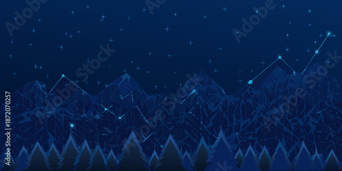 Dark blue night landscape with mountains trees and a starry sky