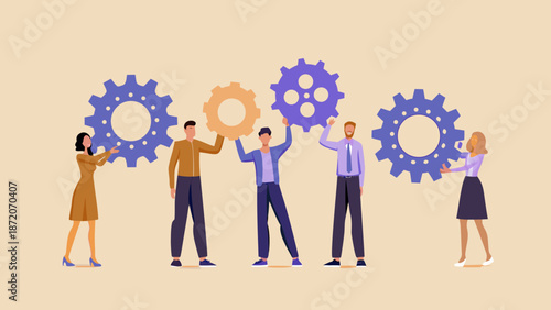 Teamwork and collaboration concept with people connecting gear wheels together