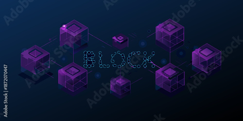 Isometric blockchain network with glowing purple cubes and digital connections