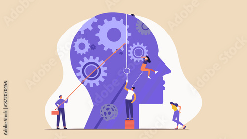 Conceptual illustration of teamwork and problem solving within the human mind