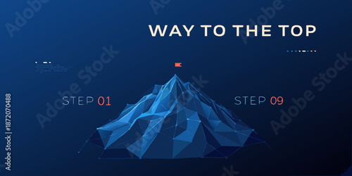 A polygonal mountain illustration depicts the journey to success step by step