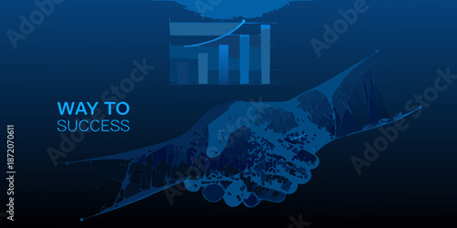 A handshake emerging from the ocean with a growth chart above