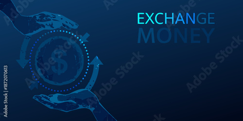 Hands exchanging money with circular arrows emphasizing financial transactions