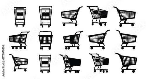 Collection of black shopping carts in various perspectives and orientations