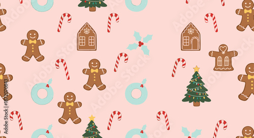 Cute Christmas seamless pattern with gingerbread cookies candy canes wreaths holly and decorated trees for festive holiday designs
