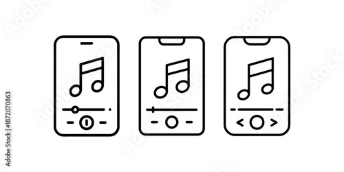 Mobile phone music player app icon set showing three different screens with note symbol volume control