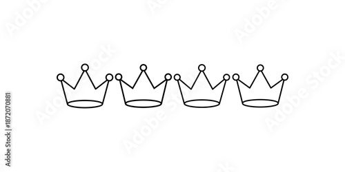 Row of four simple outline drawings of royal crowns with pointed tops and circular gems