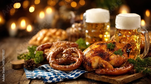 A wooden table is filled with classic Bavarian foods including pretzels, roasted chicken, bread, and beer at a gathering during an evening event
