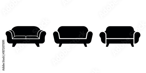 Three black silhouette sofas or couches isolated on a white background furniture