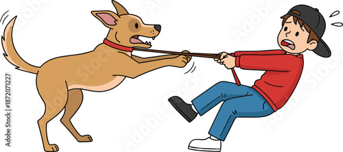 Frustrated Boy Struggling to Control His Strong, Energetic Dog on a Leash, Illustrating the Challenges of Pet Training and Dog Walking Difficulties.