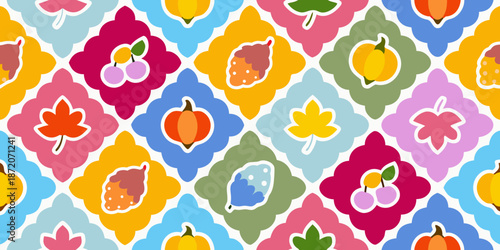 Colorful seamless pattern featuring fruits and floral motifs within diamond shapes