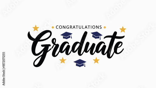 Congratulatory message with graduation caps and stars, celebrating a graduate's achievement and commencement in a joyful and festive manner