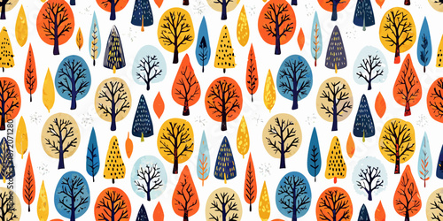 Stylized autumn trees in a colorful repeating pattern on a white background