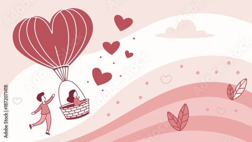 Couple in hot air balloon with hearts isolated on white background isolated on white background, Vector