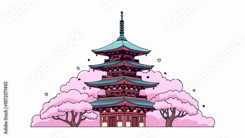 A pixel art multi-tiered pagoda surrounded by blooming cherry trees and pink clouds