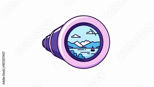 A pixel art telescope views a serene lake with mountains, clouds, and a sailboat