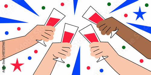 Diverse hands raise celebratory toasts with red drinks amid festive decorations