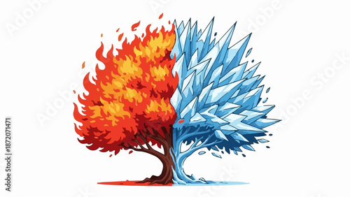 A pixel art tree split vertically, with one half ablaze and the other encrusted with ice