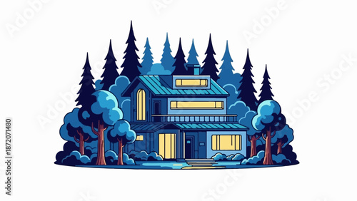A pixelated blue house stands nestled amongst stylized trees under a dark sky