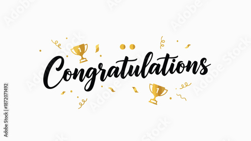 Express your joy and acknowledge a significant accomplishment with this elegant congratulations message, featuring sparkling golden confetti and prestigious trophy awards, perfect for celebrating