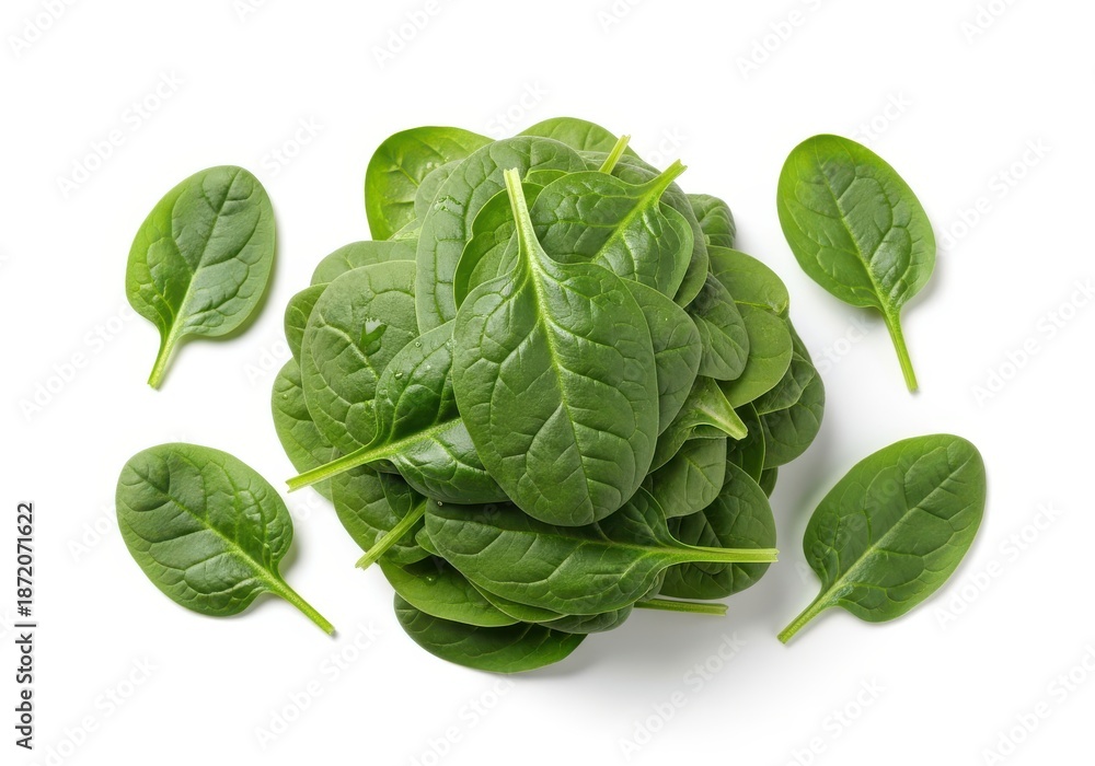 Fototapeta premium Fresh baby spinach leaves are piled centrally on a clean white background