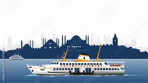 A pixelated ferry glides on blue water against a cityscape silhouette