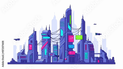A pixelated, futuristic cityscape with tall, angular buildings illuminated by neon lights