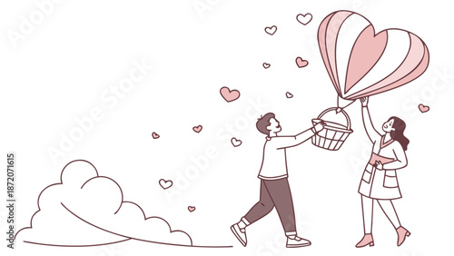 Couple with hot air balloon isolated on white background isolated on white background, Vector