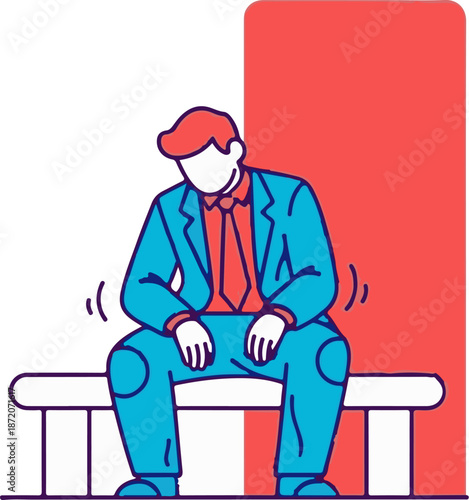 A person in a suit looks down, sitting on a bench with a red background