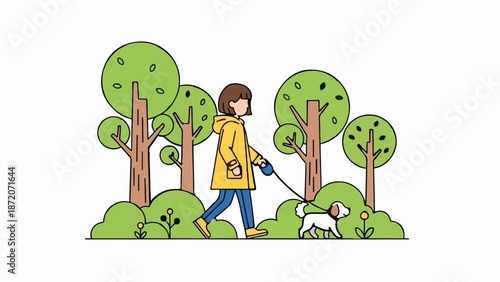 A person in a yellow coat walks a small dog on a leash through a park