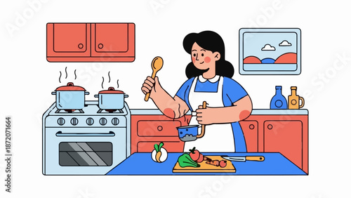A person in an apron is cooking in a kitchen, chopping vegetables