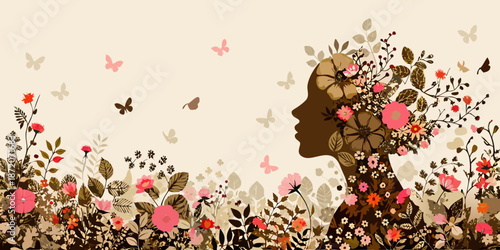 A woman s profile silhouetted with flowers and butterflies nature s embrace