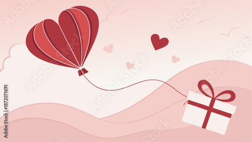 Heart-shaped hot air balloon with gift box, isolated on white background isolated on white background, Vector