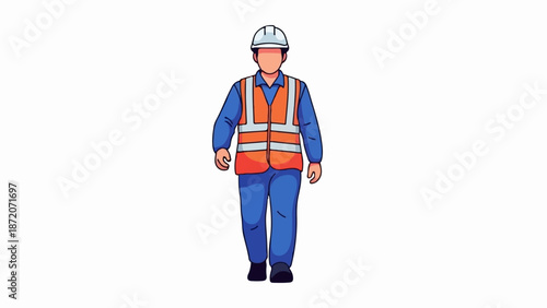 A person in blue work clothes and orange safety vest walks forward