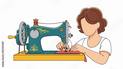 A person is using a vintage sewing machine to stitch red fabric