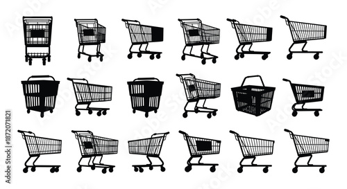 Collection of black shopping carts in various perspectives and orientations