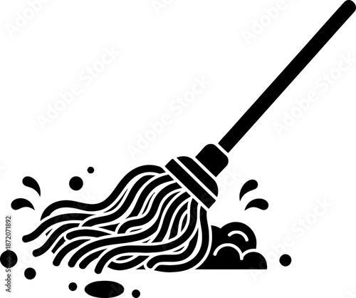 Mop cleaning the wet floor with splashing water. Housework concept. Vector icon illustration for cleaner service, washing, hygiene