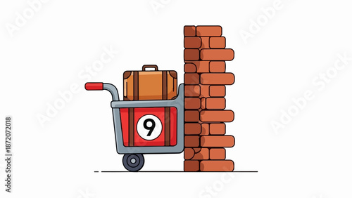 A luggage cart with a suitcase and a red box bearing the number 9, near a brick wall