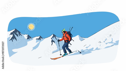 A person ski touring down a snow-covered mountain under a bright sun