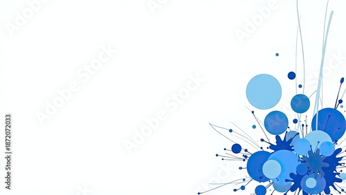 Abstract design featuring a collection of blue circles, splatters, and flowing lines, arranged in a corner composition against a clean, white background.