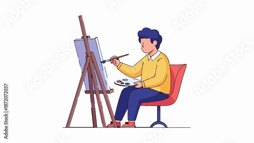 A person sits on a red chair painting a canvas on an easel with a palette