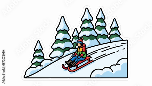 A person sledding down a snowy hill amidst pine trees