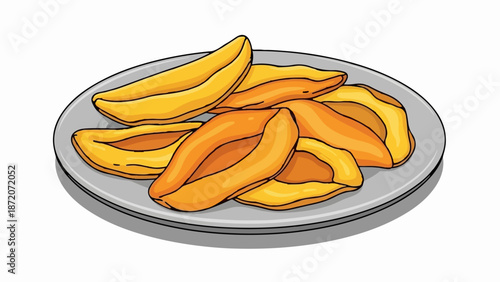 A plate of golden, sliced fruit, artfully arranged on a round, gray dish