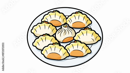 A plate of cartoon dumplings and buns with a white background