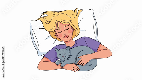 A person sleeps soundly, embracing a contented cat on a pillow