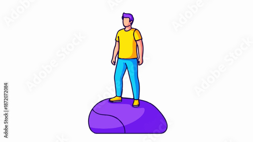 A person stands atop a purple rock, facing forward with a determined expression