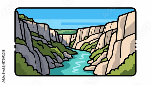 A majestic canyon carved by a winding river, with towering cliffs and lush vegetation under a clear sky