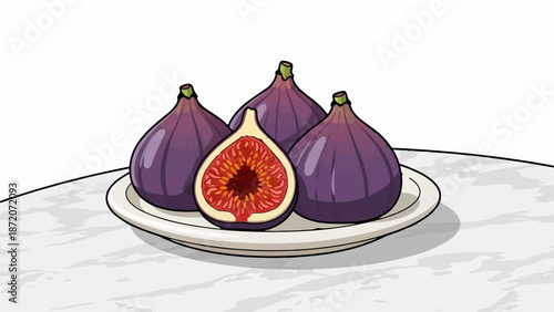 A plate of ripe purple figs, one halved to reveal juicy red seeds, sits on a marble surface