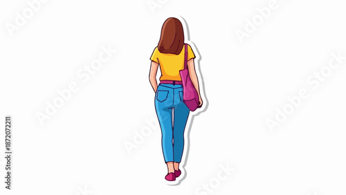 A person walks away from the viewer, carrying a pink bag over their shoulder